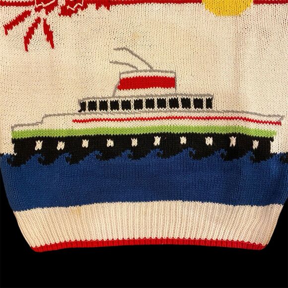 Vintage80s Cruise Wear Sweater Ships Tropical Palms All Around Ramie/Cotton L - Picture 4 of 11